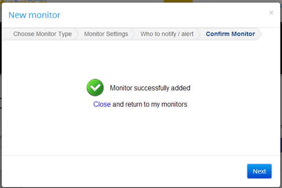 Created your webpage monitoring service successfully